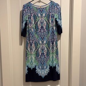 Eliza J Blue and Green Patterned Long Sleeve Dress